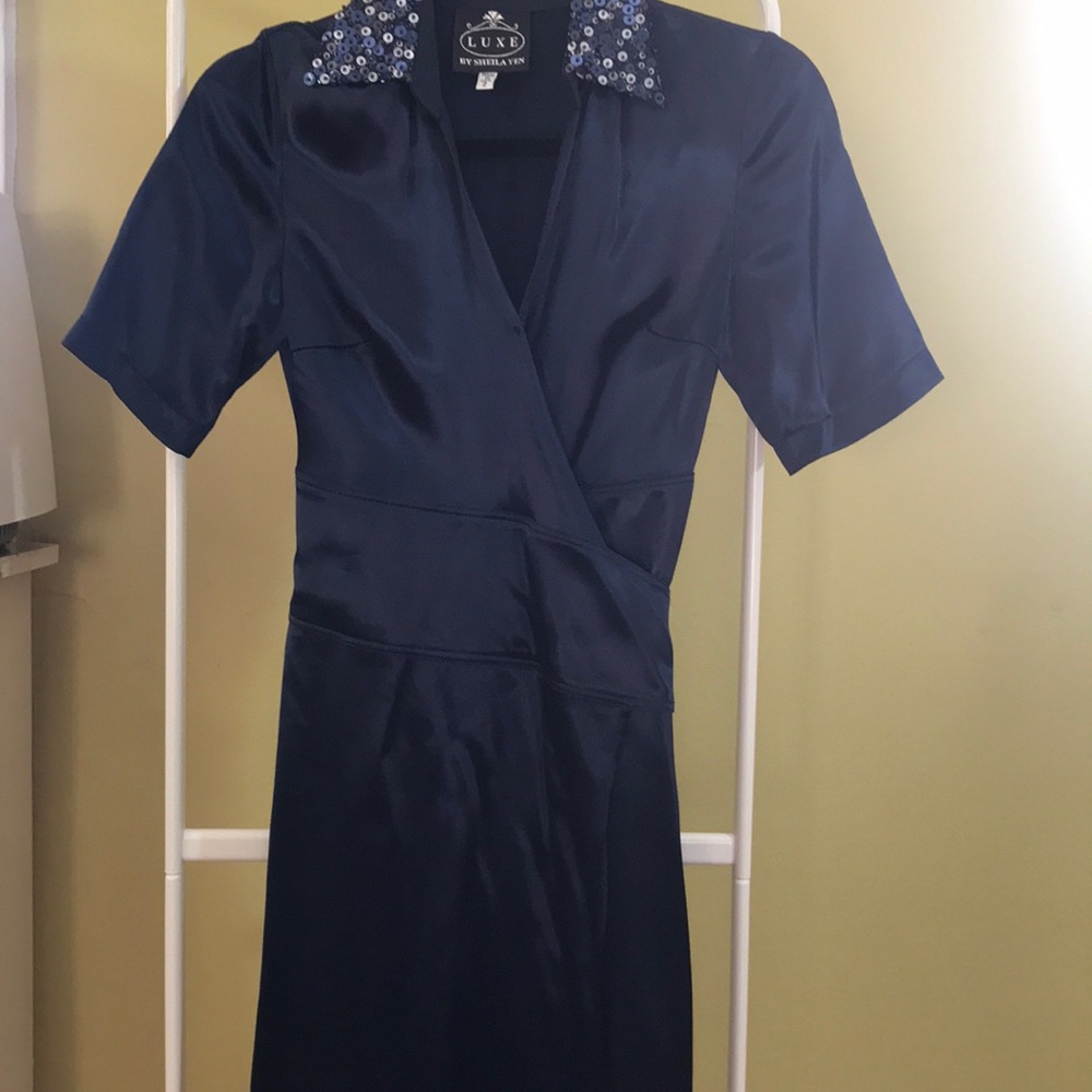 Navy Satin Wrap dress with beaded collar